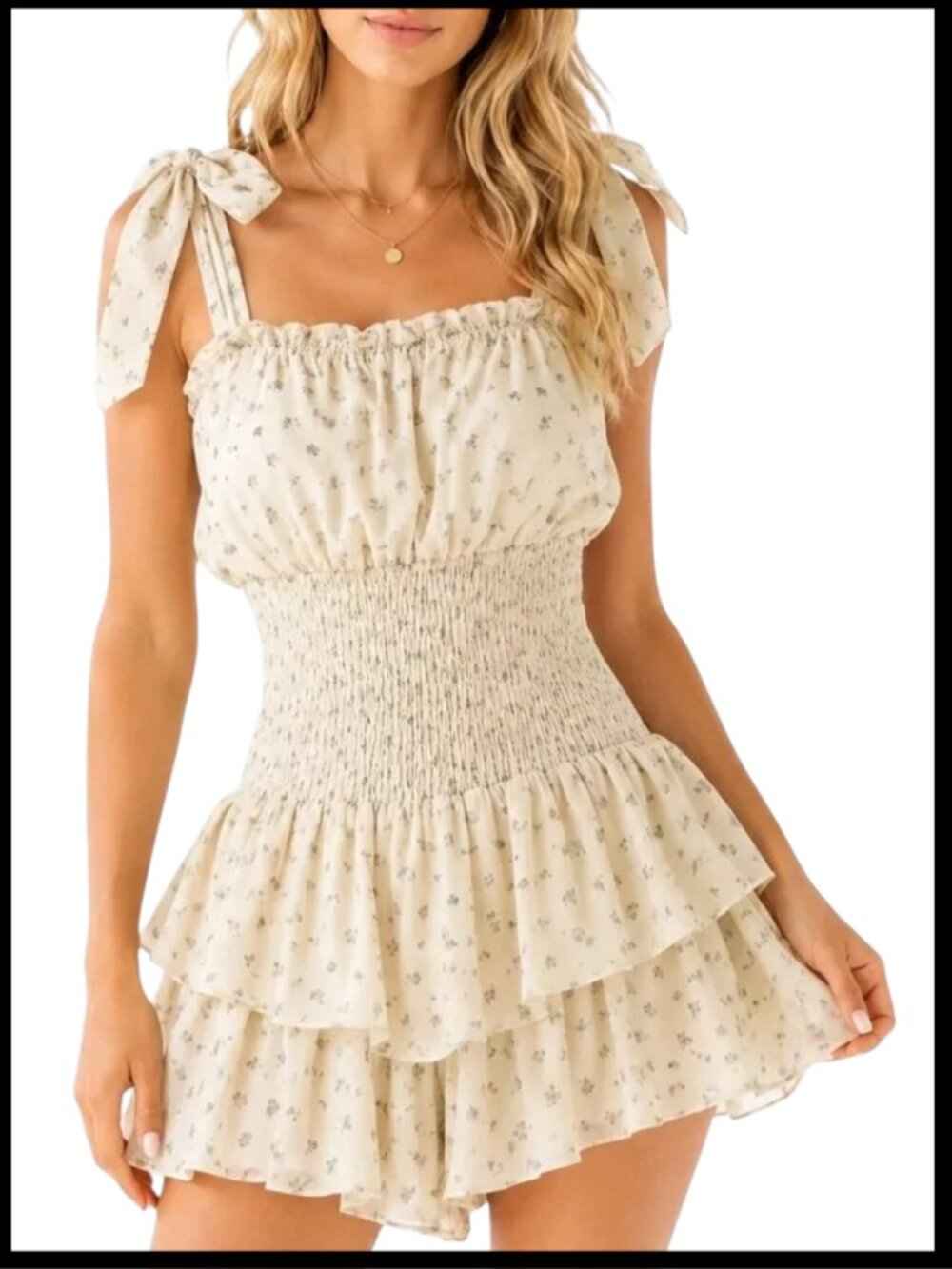 Floral Romper Pale Yellow Smocked Tie Shoulder XS